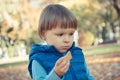Little baby boy eating biscuit or cookies in autumn park Royalty Free Stock Photo