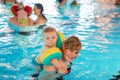 Little baby boy and his mother learning to swim in an indoor swimming pool Royalty Free Stock Photo