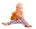 Little baby boy with loaf, isolated on white background Royalty Free Stock Photo