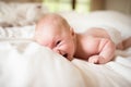 Little baby boy lying on bed making funny face, laughing. Royalty Free Stock Photo