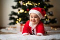 Little baby boy in a santa costume lying, on a fake fur in front of a christmas tree Royalty Free Stock Photo