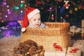 Little Baby Boy in Santa hat sitting in a wicker basket. Royalty Free Stock Photo