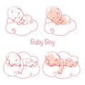 Newborn baby boys sleeping on white cloud.