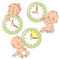 Little baby with clocks. Time for baby. Children sit, stand near big clock. Royalty Free Stock Photo