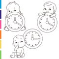 Little baby with clocks. Time for baby. Children sitting near big clock. Royalty Free Stock Photo