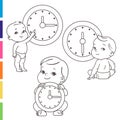 Little baby with clocks. Time for baby. Children sitting near big clock. Royalty Free Stock Photo