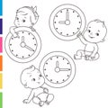 Little baby with clocks. Time for baby. Children sitting near big clock. Royalty Free Stock Photo