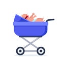 Little baby crying hesterically. Crying infant is lying in a stroller. Little kid being unhappy. Flat vector Illustration Royalty Free Stock Photo