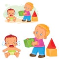 Little baby crying while an older brother wants to comfort him and gives his cube.