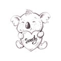 Little baby cute koala holding heart with word Sweety, black and white hand drawn illustration