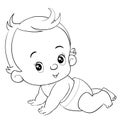 Little baby in a diaper crawls and enjoys life, outline drawing, isolated object on a white background, Royalty Free Stock Photo