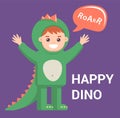 Little baby in dragon costume on purple background. cute boy with the image of a dinosaur. Royalty Free Stock Photo