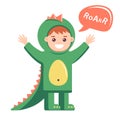 Little baby in dragon costume on white background. cute boy depicting dinosaur. Royalty Free Stock Photo
