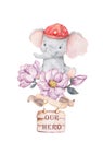 Little baby elephant. Baby shower card. Isolated baby elephant on background. Watercolor cute cartoon coroful illustration. For