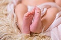 Little baby feet closeup on a light fur. Newborn. Macro