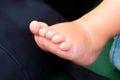 Little baby feet with fingers. Newborn child bare foot. Baby shower photo background