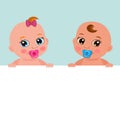 Little Baby Girl And Boy Holding Banner Board. Cartoon Baby Image. Royalty Free Stock Photo