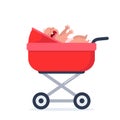 Little baby girl crying hesterically. Crying infant is lying in a stroller. Little kid being unhappy. Flat vector Illustration Royalty Free Stock Photo