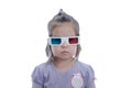 Little baby girl in 3D anaglyph cinema glasses for stereo image system with polarization. 3D goggles