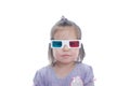 Little baby girl in 3D anaglyph cinema glasses for stereo image system with polarization. 3D goggles