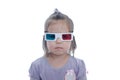 Little baby girl in 3D anaglyph cinema glasses for stereo image system with polarization. 3D googles with red blue eyes