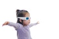 Little baby girl in 3D anaglyph cinema glasses for stereo image system with polarization. 3D googles with red and blue eyes Royalty Free Stock Photo