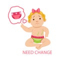 Little Baby Girl In Dirty Nappy Needs Change, Part Of Reasons Of Infant Being Unhappy And Crying Cartoon Illustration