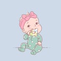 Little baby girl in green pajamas sit, hold teething ring