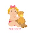 Little Baby Girl In Nappy With Teddy Bear Needing A Toy,Part Of Reasons Of Infant Being Unhappy And Crying Cartoon Royalty Free Stock Photo