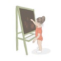 Little Baby girl with orange chalk is standing near chalkboard and drawing. Kid silhouette, cartoon style character