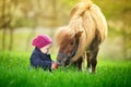 Little baby girl with red apple and pony Royalty Free Stock Photo