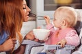 Little baby girl sits in high chair and feeding with spoon her beautiful mother Royalty Free Stock Photo