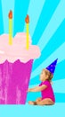 Little baby girl, toddler sitting near giant birthday cake with candles, celebrating birthday. Contemporary art collage