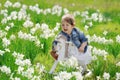 Little baby girl on wooden rocking horse Royalty Free Stock Photo