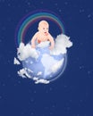 Little baby globe with rainbow on blue sky