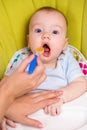 Little baby or kid boy feeding with a spoon Royalty Free Stock Photo