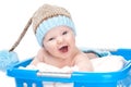 Little baby in laundry basket Royalty Free Stock Photo