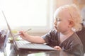 Little baby learning to use laptop computer . Royalty Free Stock Photo