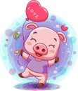 Little baby pig holding pink heart balloon Royalty Free Stock Photo