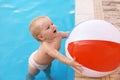 Little baby playing with inflatable ball in outdoor swimming pool Royalty Free Stock Photo