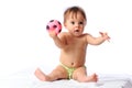 Little baby plays with small football ball Royalty Free Stock Photo