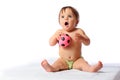 Little baby plays with small football ball Royalty Free Stock Photo