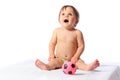 Little baby plays with small football ball Royalty Free Stock Photo