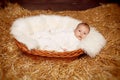 Little baby resting in basket on haystack straw background