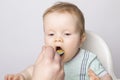 The boy politely opening his mouth to eat a food