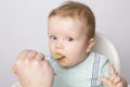 The boy politely opening his mouth to eat a food