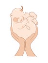 A little baby sleeps sweetly in the arms of a father or mother. Flat illustration, icon for pediatrics, pregnancy and Royalty Free Stock Photo