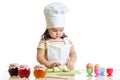 Little baker kid girl in chef hat at kitchen Royalty Free Stock Photo