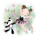 Little ballerina dancing with Panda ballerina. Cute girl. Inscription. Vector illustration Royalty Free Stock Photo