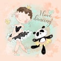 Little ballerina dancing with Panda ballerina. I love dancing. Inscription. Vector Royalty Free Stock Photo